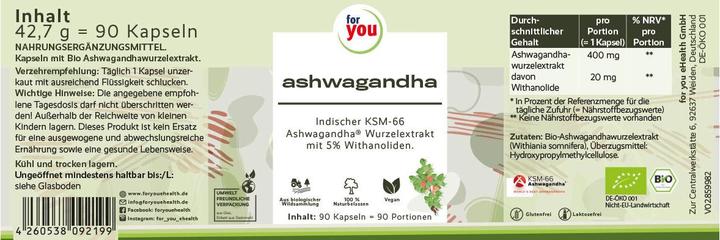 Nutritional values and ingredients For You Ashwagandha (90 Piece, Capsules, 42.70 g)