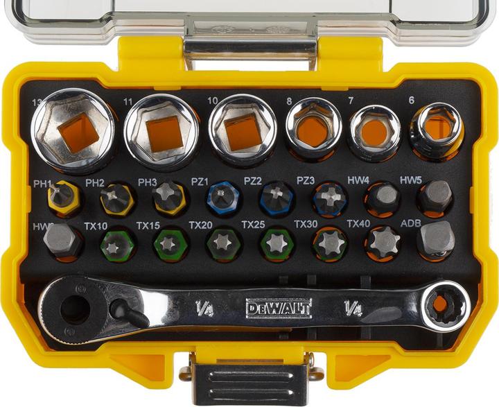 Produktbild DeWalt Schrauber Bit und RatschenSet (Innensechsrund TX M20, Innensechsrund TX M30, Innensechsrund TX M10, Innensechsrund TX M15, Innensechsrund TX M25, Innensechsrund TX M40, Kreuz Phillips PH M1, Kreuz Phillips PH M2, Kreuz Pozidriv PZ M1, Kreuz Pozidriv PZ M2, Kreuz Phillips PH M3, Kreuz Pozidriv PZ M3)