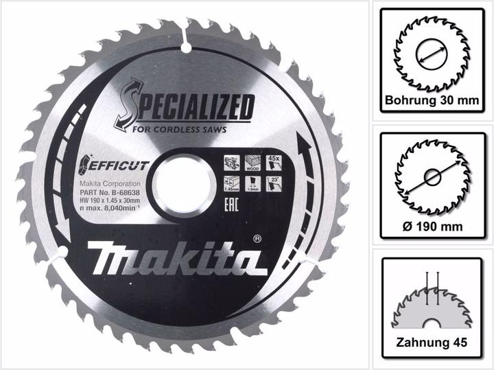 Image du produit Makita CCF19045G Lame de scie circulaire SPECIALIZED EFFICUT 190 x 30 x 1,0 mm - 45 dents, pour bois
