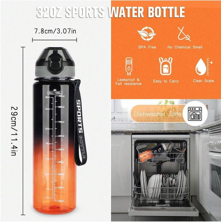 Produktbild ASMI Transparente Trinkflasche mit Zeitmarkierung, Strohhalm und Reinigungsbürste mit Farbverlauf 1000 ml (1 l)
