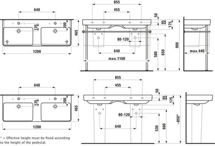 Actual product image Laufen Double washbasin PRO S 1200x460mm w ÜL 1 HL version white LCC (460 mm, 1200 mm)