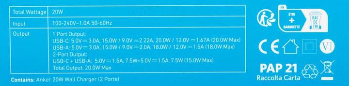 Nährwerte und Zutaten Anker 20W USB-C und USB-A Anschluss 2-Ports Wandladegerät (20 W)