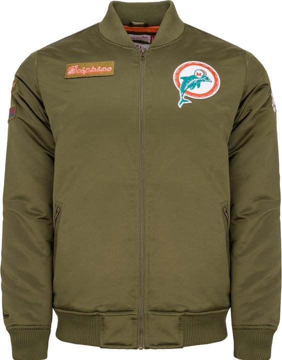 Mitchell & Ness M&N Satin Bomber Jacke - PATCHES Miami Dolphins oliv - M (M)