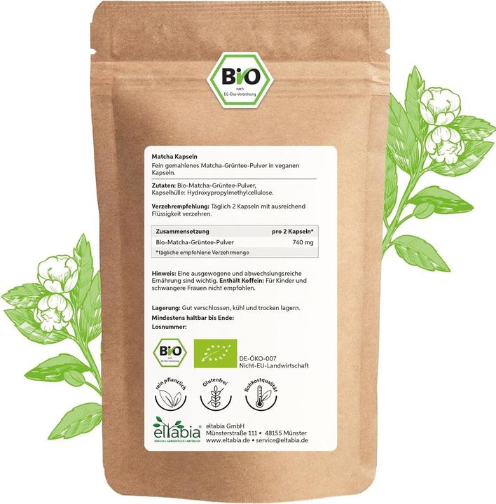 Immagine prodotto Eltabia Capsule di estratto di tè verde Matcha biologico | 100% puro senza additivi (100 Pezzo/i, Pillole)