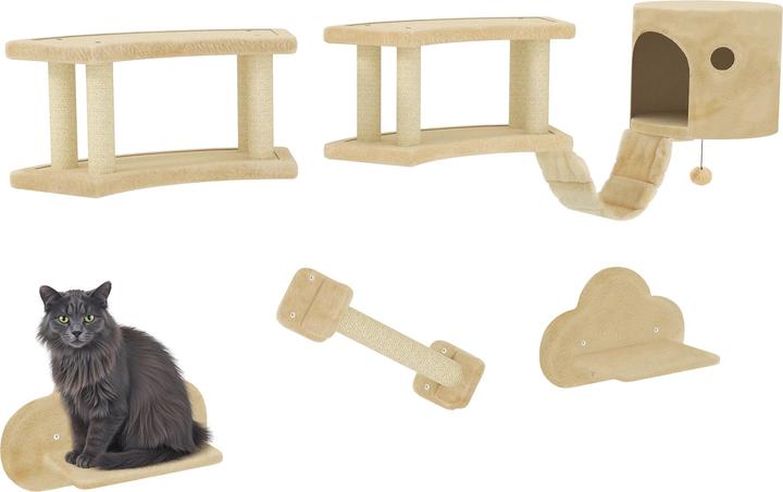 Image du produit PawHut Katzen Kletterwand Set Spanplatte, Plüsch Beige (54 cm, Beige+Blanc crème)