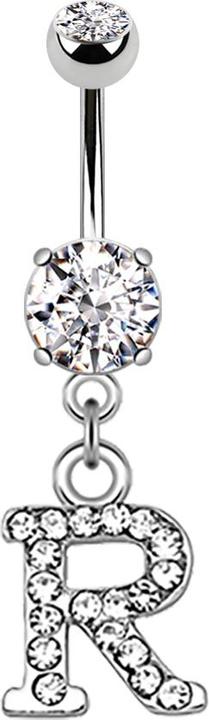 Produktbild Star Piercing Banane silber mit Anhänger Kristall Buchstabe R (Messing, Chirurgenstahl 316L)