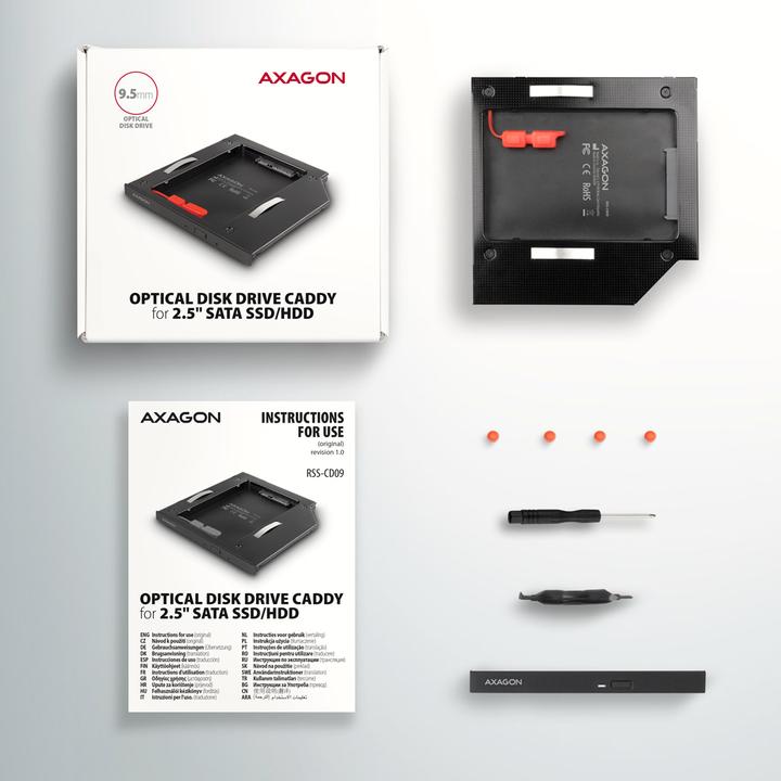 Produktbild Axagon RSS-CD09 2.5 Zoll SSD/HDD Adapter für optisches Laufwerk, 9,5 mm, LED