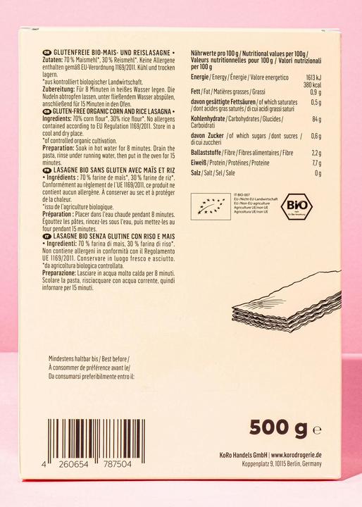 Produktbild KoRo Bio glutenfreie Lasagne aus Mais und Reismehl (500 g)
