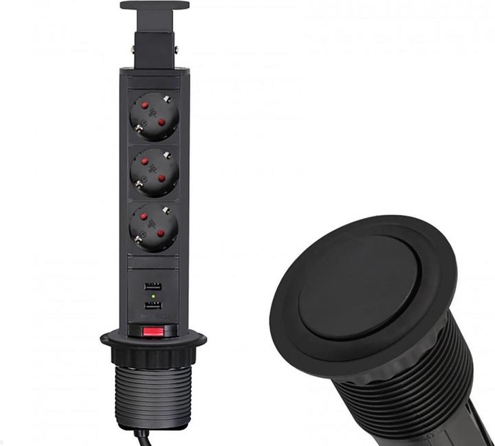 Actual product image TecLines TVS009B Retractable 3-way socket strip with 2x USB, black