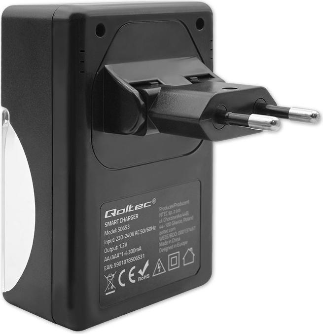 Actual product image Qoltec 50653 Battery charger for Ni-MH type R03/AAA R6/AA (1 pcs., AAA, AA, 3000 mAh)