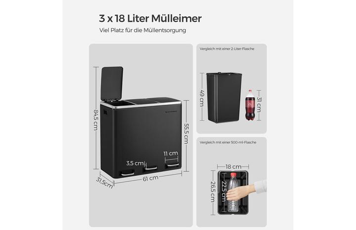 Produktbild Songmics Mülltrenner 3 x 18,0 l schwarz (54 l)