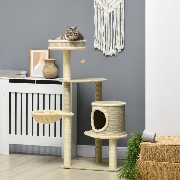 Produktbild Swisshandel24 Kratzbaum 124 cm mit Katzenhöhle, Korb, Spielball, 2 Liegeflächen, bis 5 kg (124 cm, Braun+Beige+Weiss)