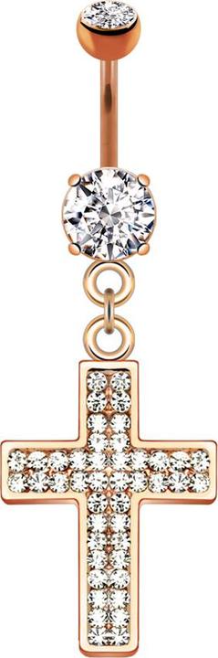 Produktbild Star Piercing Banane rosegold mit Anhänger Kreuz und Kristallen (Chirurgenstahl 316L, Messing)