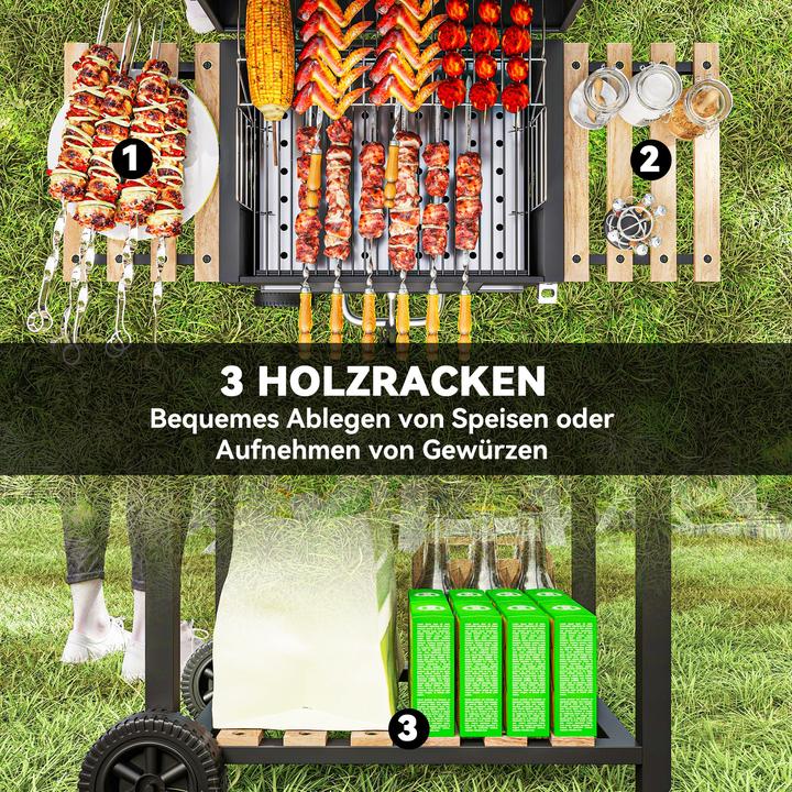 Image du produit Outsunny Holzkohlegrill Edelstahl, Kiefernholz Schwarz (36 cm)