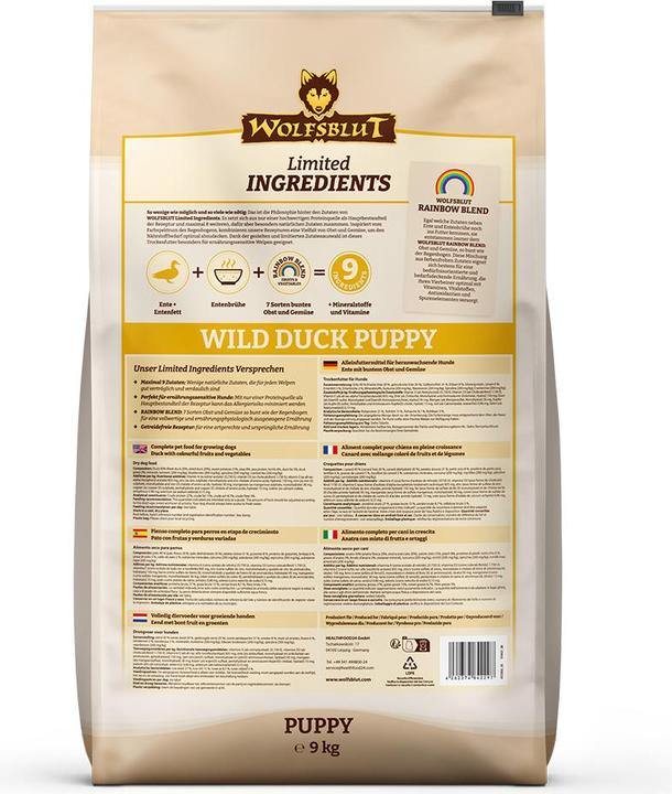 Valeurs nutritives et ingrédients Wolfsblut Limited Ingredients Puppy Wild Duck pour chiens 9 kg (Junior, 1 pcs, 9000 g)
