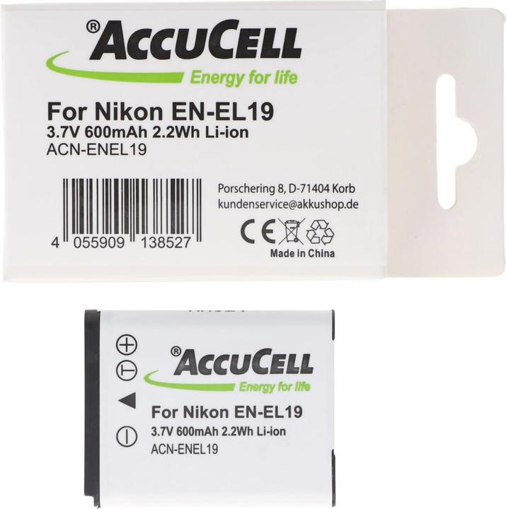 Actual product image AccuCell Battery EN-EL19, COOLPIX S2500, S3100, S4100 (Rechargeable battery)