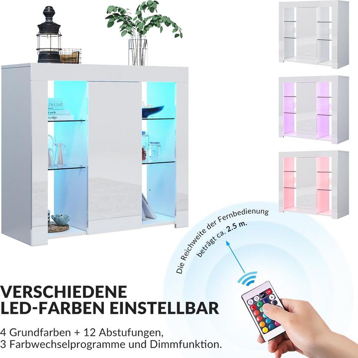 Produktbild SONNI Sideboard, Küchenschrank mit LED-Beleuchtung (in 12 Farben einstellbar), Weiss, Hochglanz, Aufb
