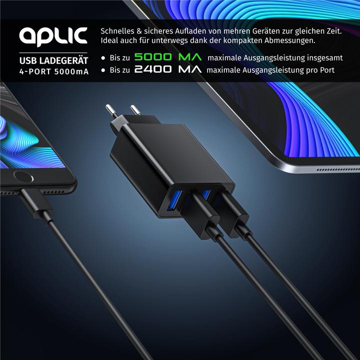 Actual product image Aplic USB charger 5000 mA, 4 port power supply for mobile, tablet and much more. 5000mA 2.4A max. per (25 W)