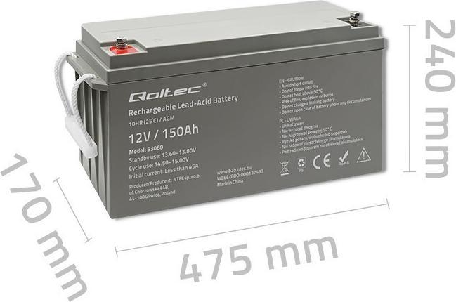Produktbild Qoltec AGM-Batterie | 12V | 150Ah | max. 2250A (12 V, 150 Ah)