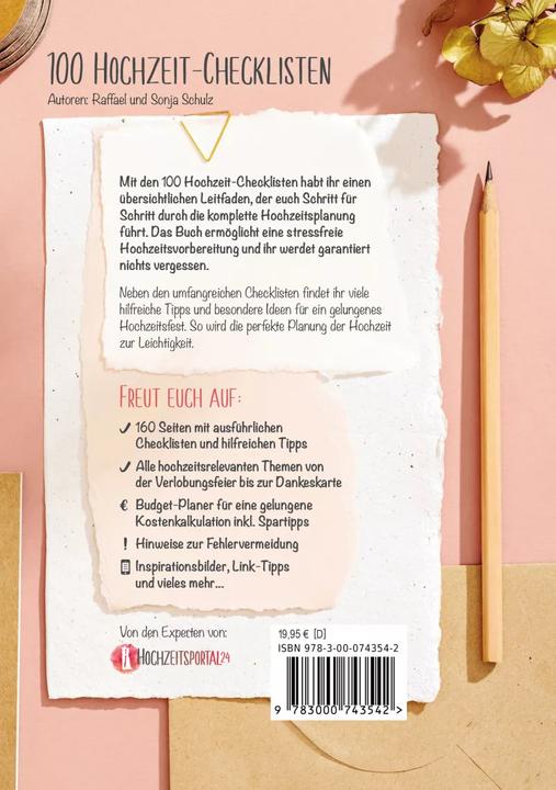 Actual product image 100 Hochzeit-Checklisten: Das ultimative Buch für die stressfreie Hochzeitsplanung (German, Raffael Schulz, Sonja Schulz, 2023)