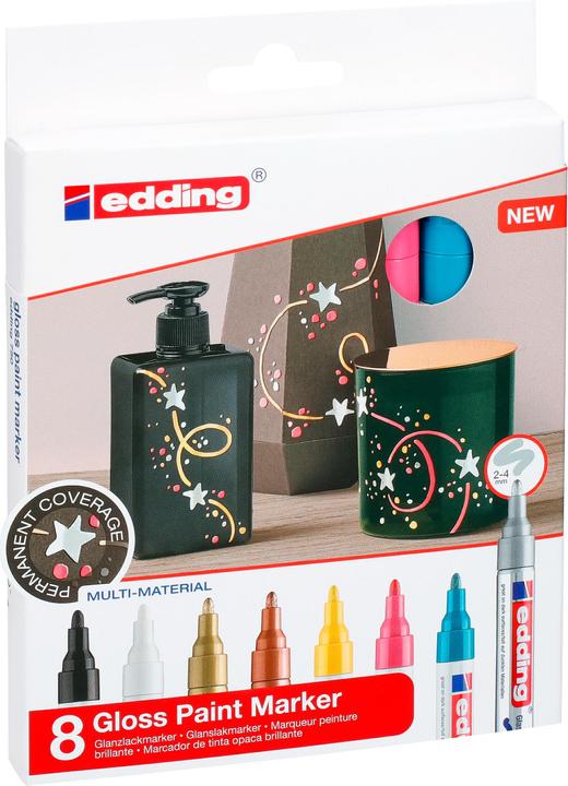 Image du produit Edding Marqueur à peinture brillante (Jaune, Golden, Argenté, Bleu clair, Rose, Blanc, Noir, Cuivre, 4 mm, 8 x)