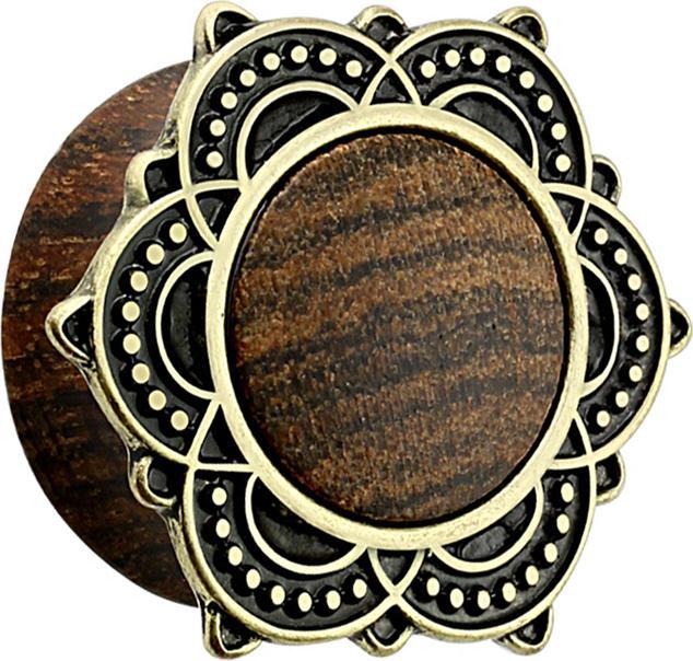 Produktbild Star Piercing Flared Plug aus Sonoholz mit Tribal Schild Lotusblume (Organisch, Messing)