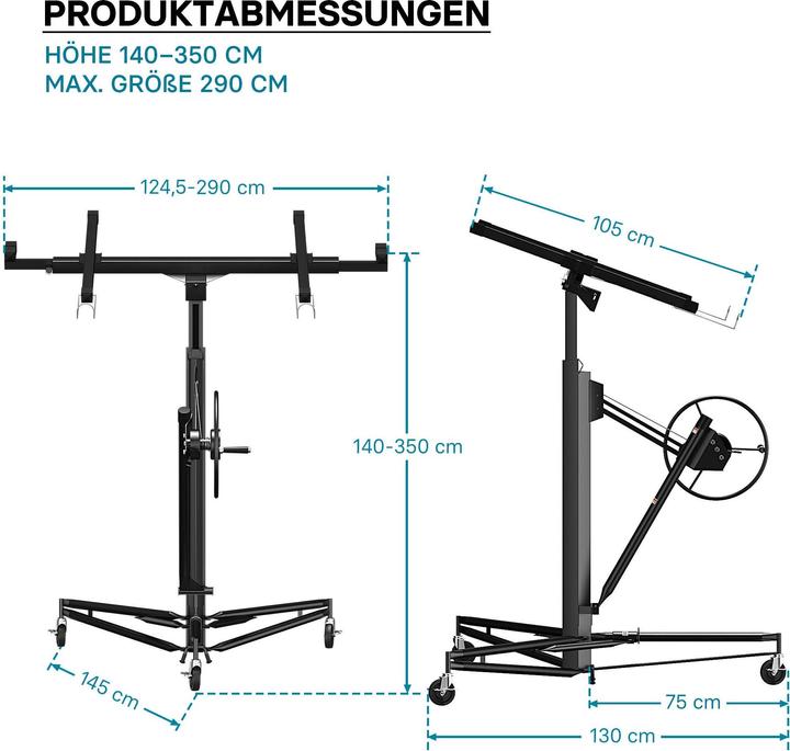 Produktbild Wiltec Plattenheber schwarz Paneelheber Rigips Montagehilfe XXL Plattenlift Trockenbau