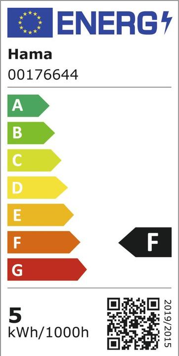 Label énergétique Hama Lampe LED intelligente, Matter, E27, globe, filament G95, RGBW, dimmable, avec application (E27, 4.90 W, 470 lm, 1 x, F)