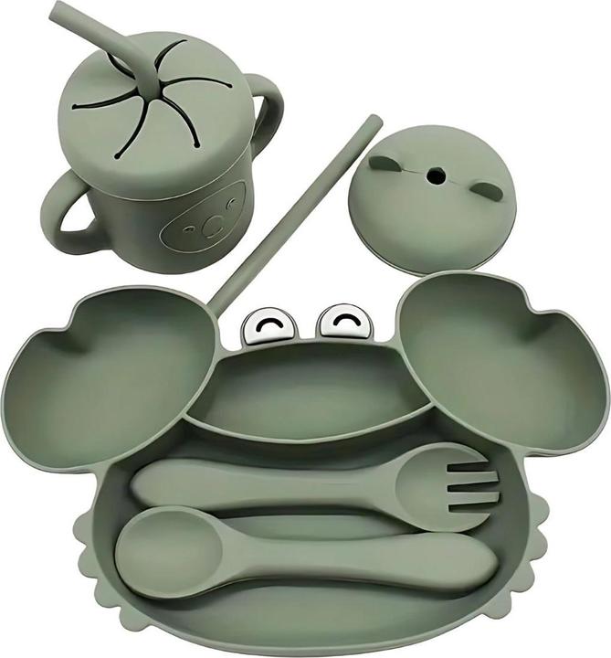 Produktbild Milkii 5-teiliges Silikon-Fütterungsset - Teller, Becher und Besteck, Khaki