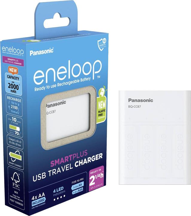 Panasonic eneloop Smart Plus USB Travel Charger BQ-CC87 (4 Stk., AAA, AA, 2000 mAh, Ladegerät inkl. Akku)