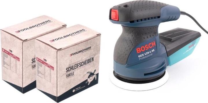 Actual product image Bosch Professional Bosch GEX 125-1 AE Random Orbit Sander 250 Watt 125 mm ( 0601387500 ) + 2x Toolbrothers TURTLE (Eccentric grinder, 250 W)