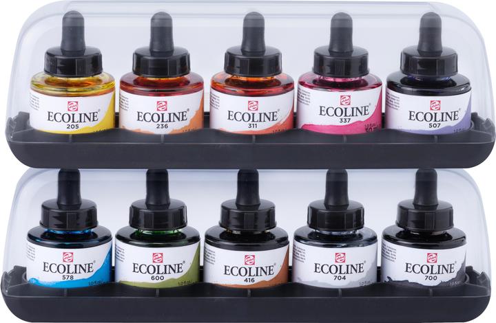 Talens Set Ecoline (Giallo limone, Magenta, Blu cielo, Verde, Nero, Grigio, Arancione brillante, Carminio, Seppia, Viola oltremare, 300 ml)