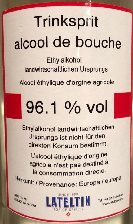 Actual product image Lateltin Trinkspirit Pur Landwirtschaftlichen Ursprungs Ethylalkohol 1 Liter / 96.1 % Europa (1 x 75 cl)
