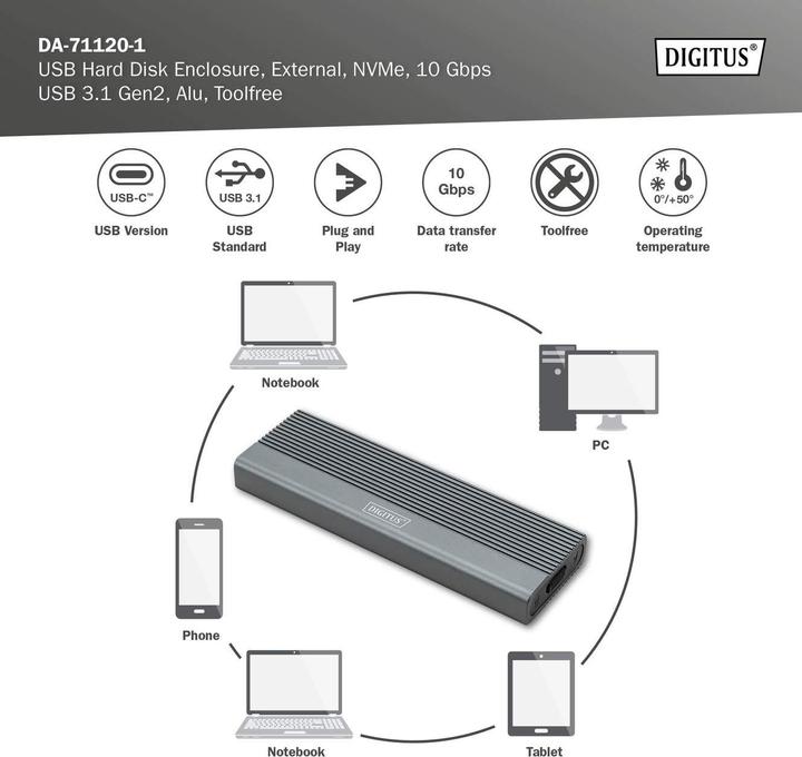 Productafbeelding Digitus USB M.2 voor harde schijf, SSD, extern, NVMe, 10Gbps, USB 3.1 Gen2, aluminium, zonder gereedschap (M.2 2242, M.2 2260, M.2 2280, M.2 2230)