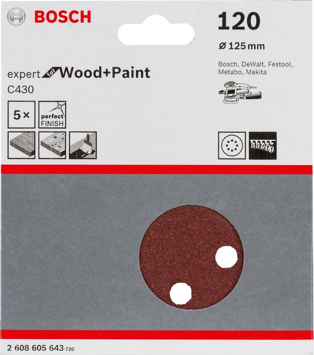 Produktbild Bosch Professional Zubehör Schleifblatt C430, 125 mm, 120, 8 Löcher, Klett, 5er-Pack (120)