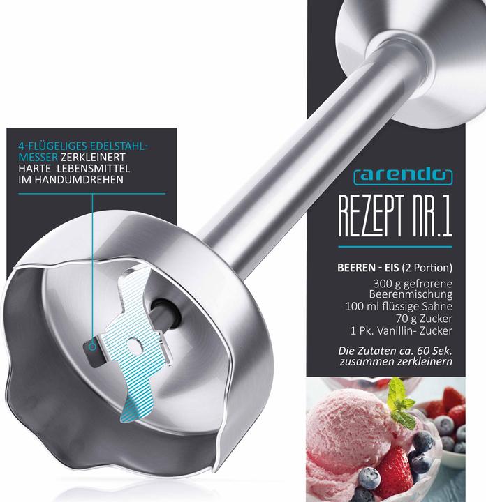 Actual product image Arendo Hand blender 1000W, stainless steel hand blender in red, hand blender with beaker, stepless