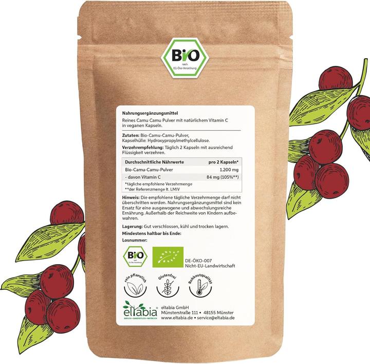Eltabia Bio Camu Camu Kapseln | Hochdosiert 84mg Tagesdosis | 100% natürliches Vitamin C (200 Stück, Kapseln)