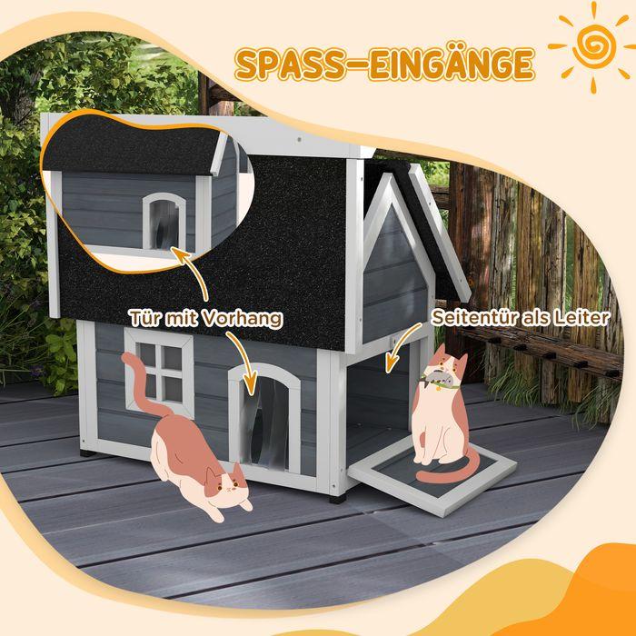 Immagine prodotto Swisshandel24 Katzenhaus Holz, aufklappbar, Wetterfest, mit 3 Türen, Grau (Gatto)