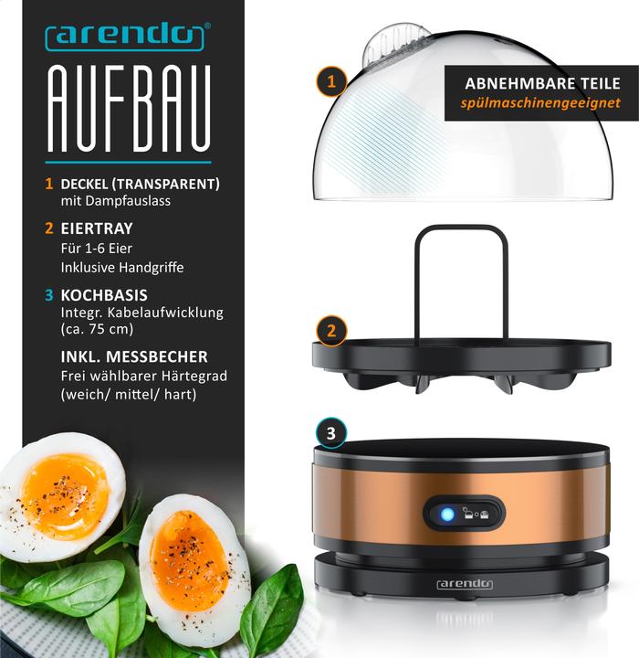 Actual product image Arendo Egg boiler, 7-fold, stainless steel, keep warm function, hardness adjustable, for 7 eggs