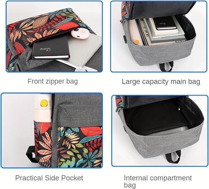 Immagine prodotto Only-Bags.Store Set di zaini con motivo classico a foglie, zaino di grande capacità con forma quadrata