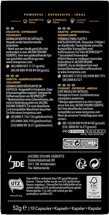 Nutritional values and ingredients L’OR Espresso Coffee capsules Espresso Ristretto 10 pieces (10 x Port.)