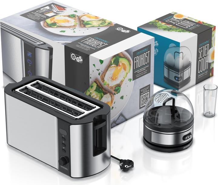 Actual product image Arendo Breakfast set, 4 slice long slot toaster with bread roll top & egg boiler for 7 eggs, silver