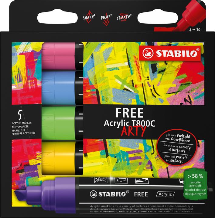 Immagine prodotto STABILO Marcatore acrilico Free Acrylic T800C Seasi 5-case (Verde chiaro, Lilla, Rosa, Giallo, Blu chiaro, 10 mm, 5 x)