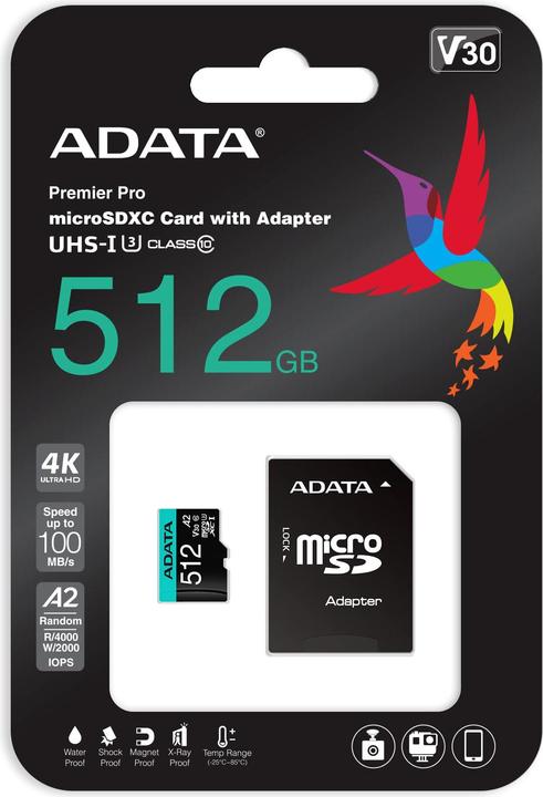 Image du produit Adata Premier Pro Adaptateur inclus (512 Go, microSDHC, U3, UHS-I)