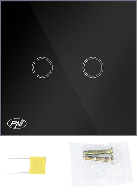 Produktbild PNI SH222 Glas-Doppel-Touch-Schalter, schwarz mit LED-Anzeige, 10 A, 2 x 200 W