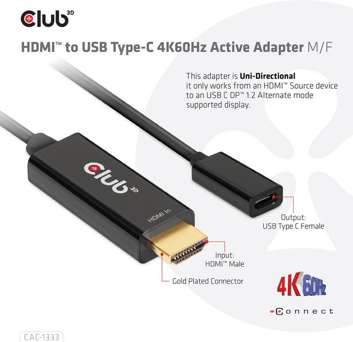 Produktbild Club 3D HDMI (Typ A) — USB C (HDMI, USB Typ-C, 22 cm)