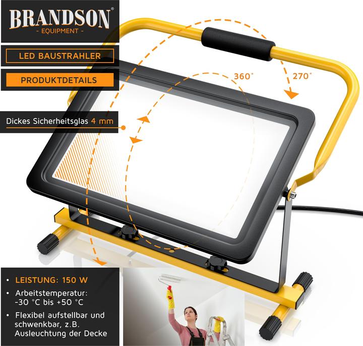 Produktbild Brandson Baustrahler LED, 150 Watt, Warmweiss, Arbeitsscheinwerfer, Bauscheinwerfer, Arbeitsleuchte (12000 lm)