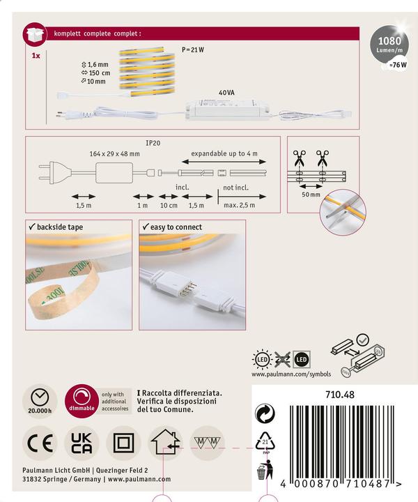 Immagine prodotto Paulmann MaxLED 1000 Set di strisce COB a linea intera (Bianco caldo, 150 cm, Interno)