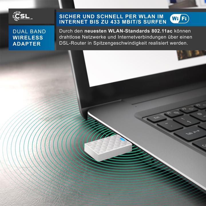 Produktbild CSL WLAN USB Adapter, WIFI Dual Band Stick Dongle 433 MBit/s, 2,4 GHz / 5 GHz, 802.11ac, WPS, Windows 11 (USB 2.0)