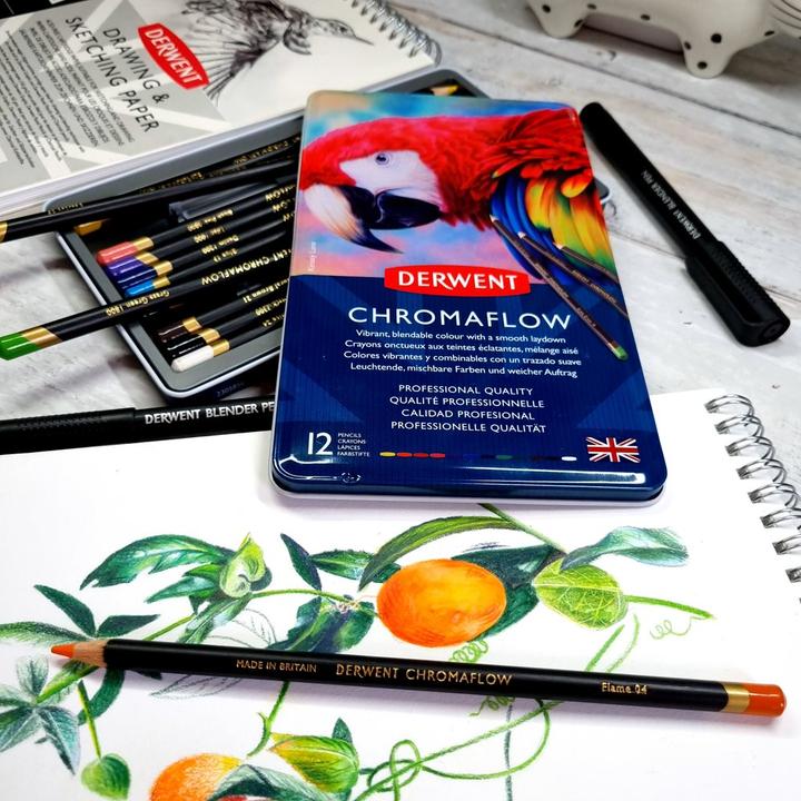 Image du produit Derwent Crayons de couleur Chromaflow (Rose Fard à Joues, Flamand, Brun Naturel, Écarlate, herbe verte, Denim, Jaune soleil, Bleu, Basilic, Noir, Lilac, Blanc, 12 x)